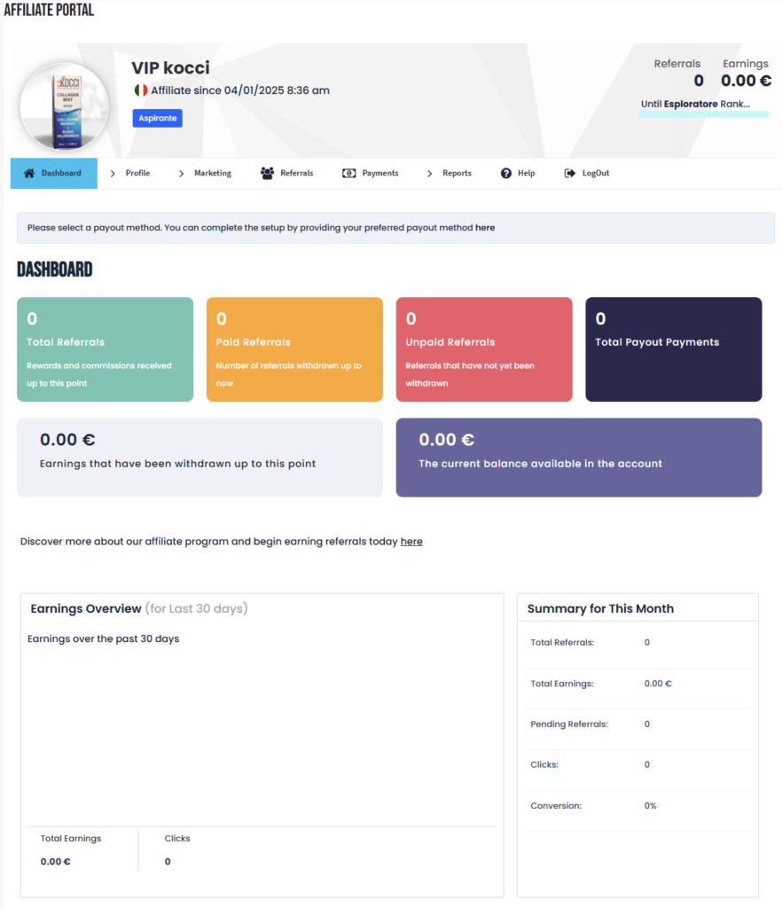 dashboard guadagni portale affiliate Kocci